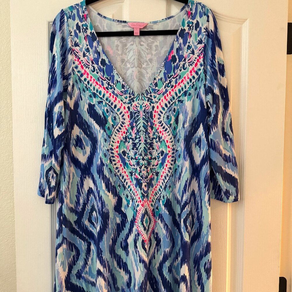 Lilly Pulitzer Printed Swing Dress L | Boho Ikat Blue Pink Green V-Neck